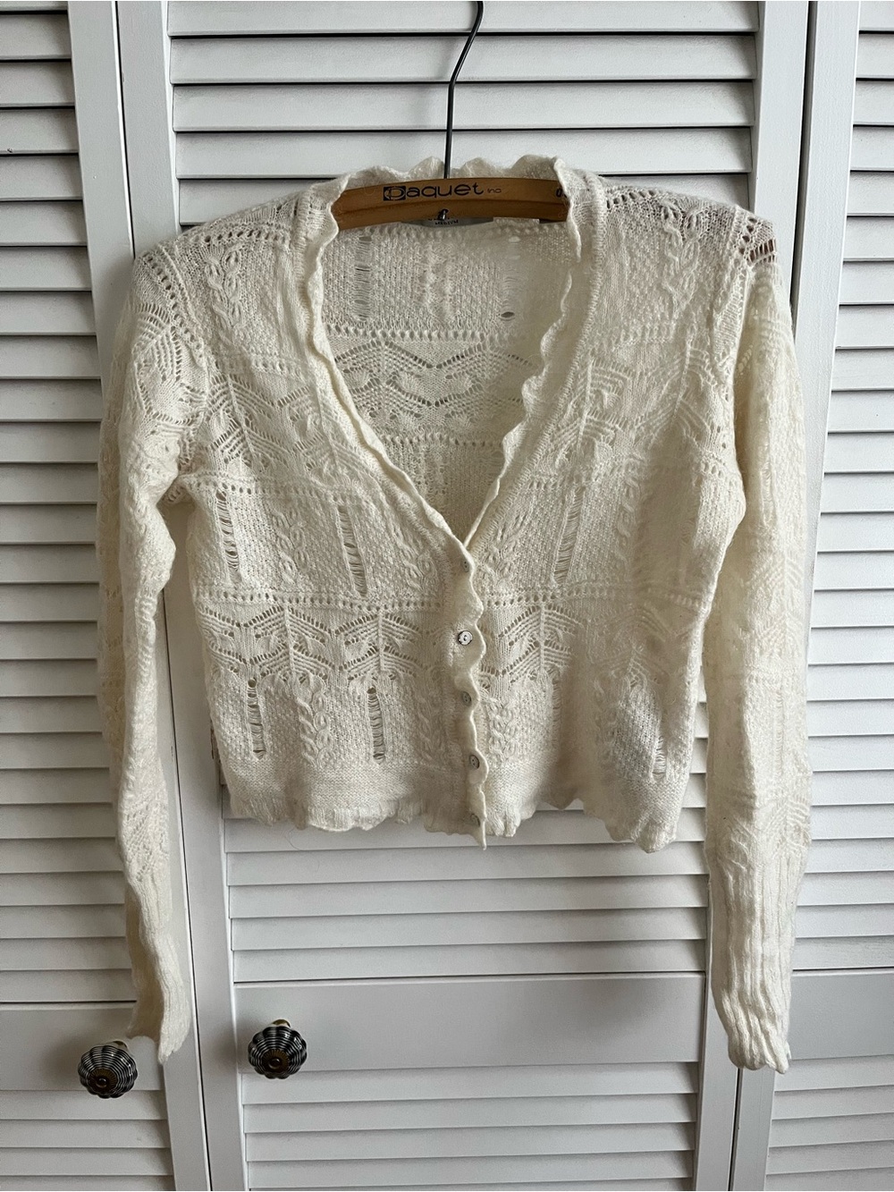 AllSaints Vanessa Wool Alpaca Open Knit Scalloped Lace Cardigan Cream M